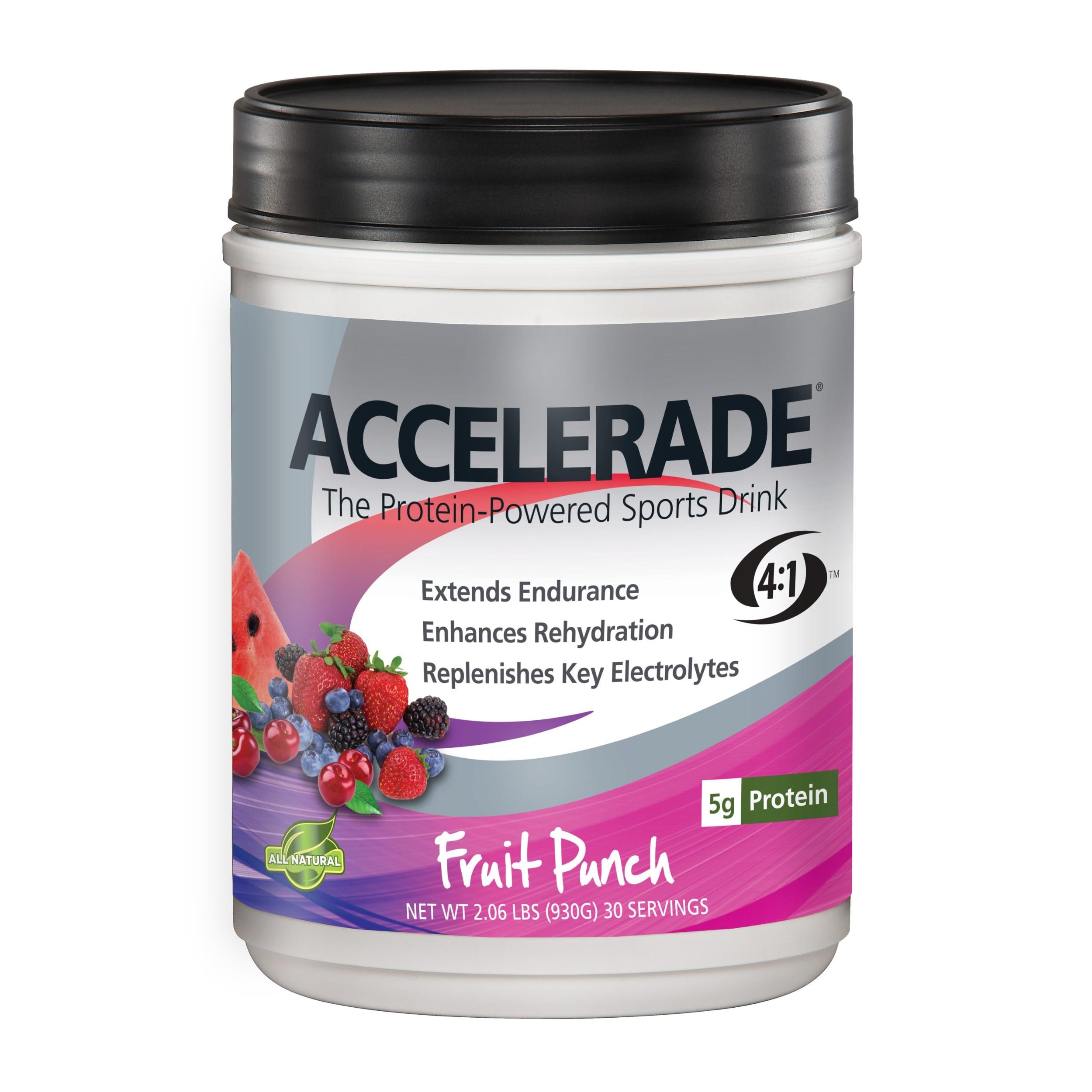 A container of Accelerade sports drink in Fruit Punch flavor, labeled as a protein-powered sports drink, with visual elements of fruits.